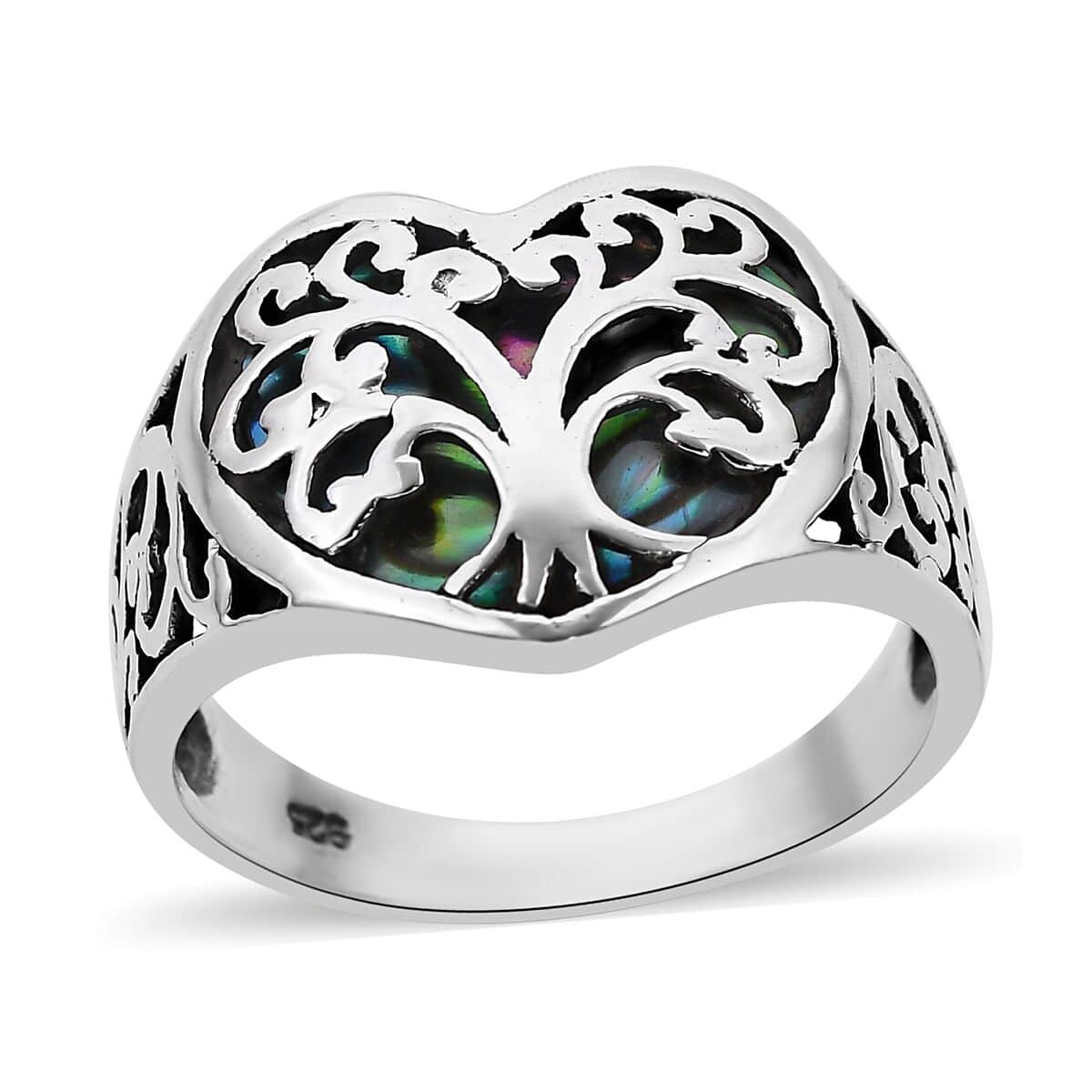 Mother’s Day Gift Bali Legacy Abalone Shell Floral Tree of Life Heart Ring in Sterling Silver (Size 7.0) image number 0