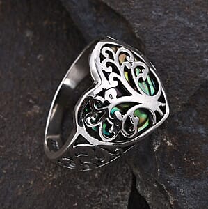 Bali Legacy Abalone Shell Floral Tree of Life Heart Ring in Sterling Silver (Size 7.0)