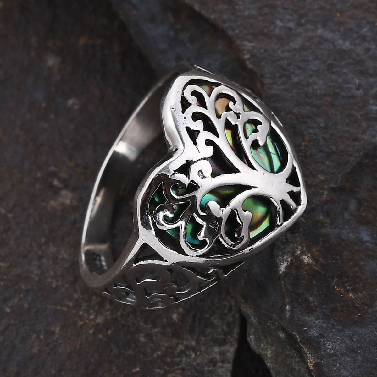 Mother’s Day Gift Bali Legacy Abalone Shell Floral Tree of Life Heart Ring in Sterling Silver (Size 7.0) image number 1