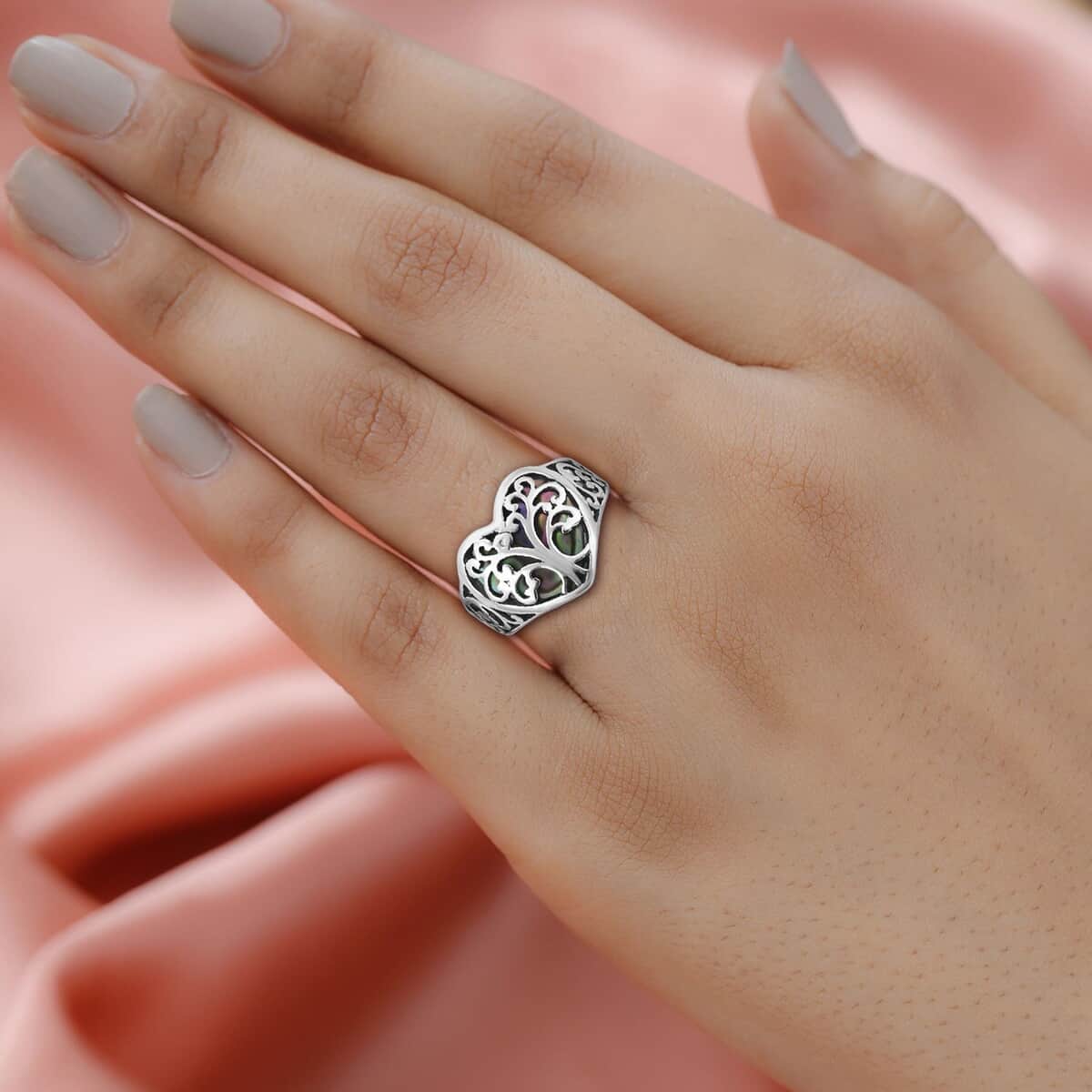 Mother’s Day Gift Bali Legacy Abalone Shell Floral Tree of Life Heart Ring in Sterling Silver (Size 7.0) image number 2