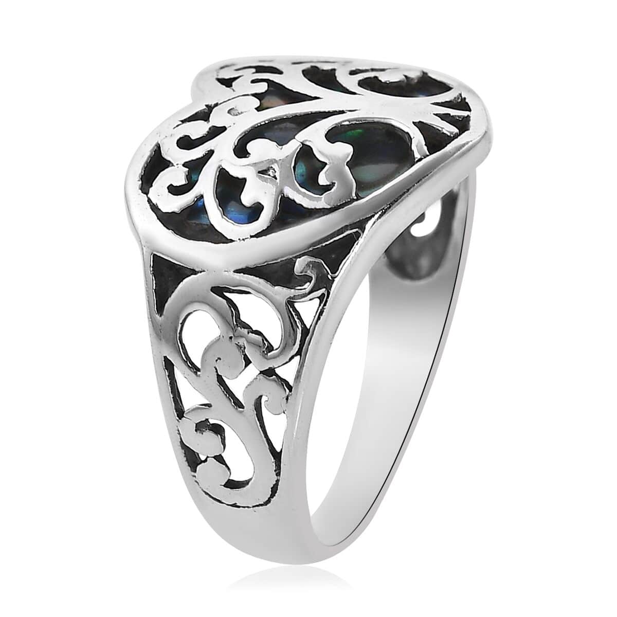 Mother’s Day Gift Bali Legacy Abalone Shell Floral Tree of Life Heart Ring in Sterling Silver (Size 7.0) image number 3