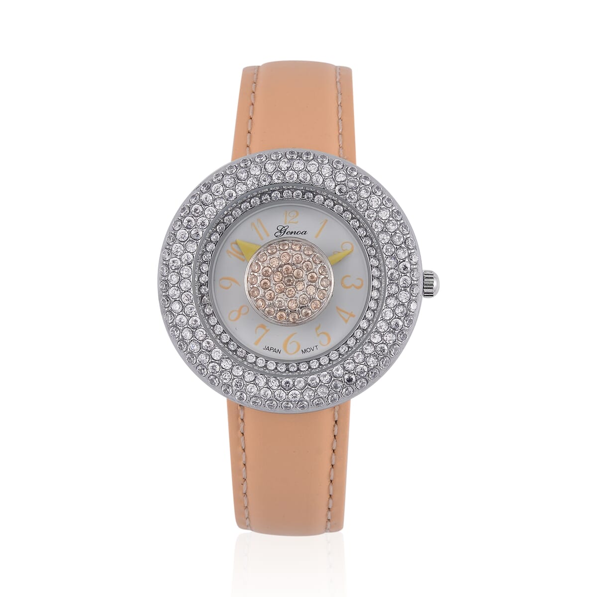 Genoa Miyota Japanese Movement Simulated Champagne & White Diamond Watch in Silvertone with Light Yellow Genuine Leather Strap (6.25-8.0 Inches) (38mm) 1.50 ctw image number 0