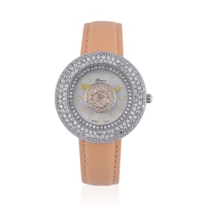 Genoa Miyota Japanese Movement Simulated Champagne & White Diamond Watch in Silvertone with Light Yellow Genuine Leather Strap (6.25-8.0 Inches) (38mm) 1.50 ctw