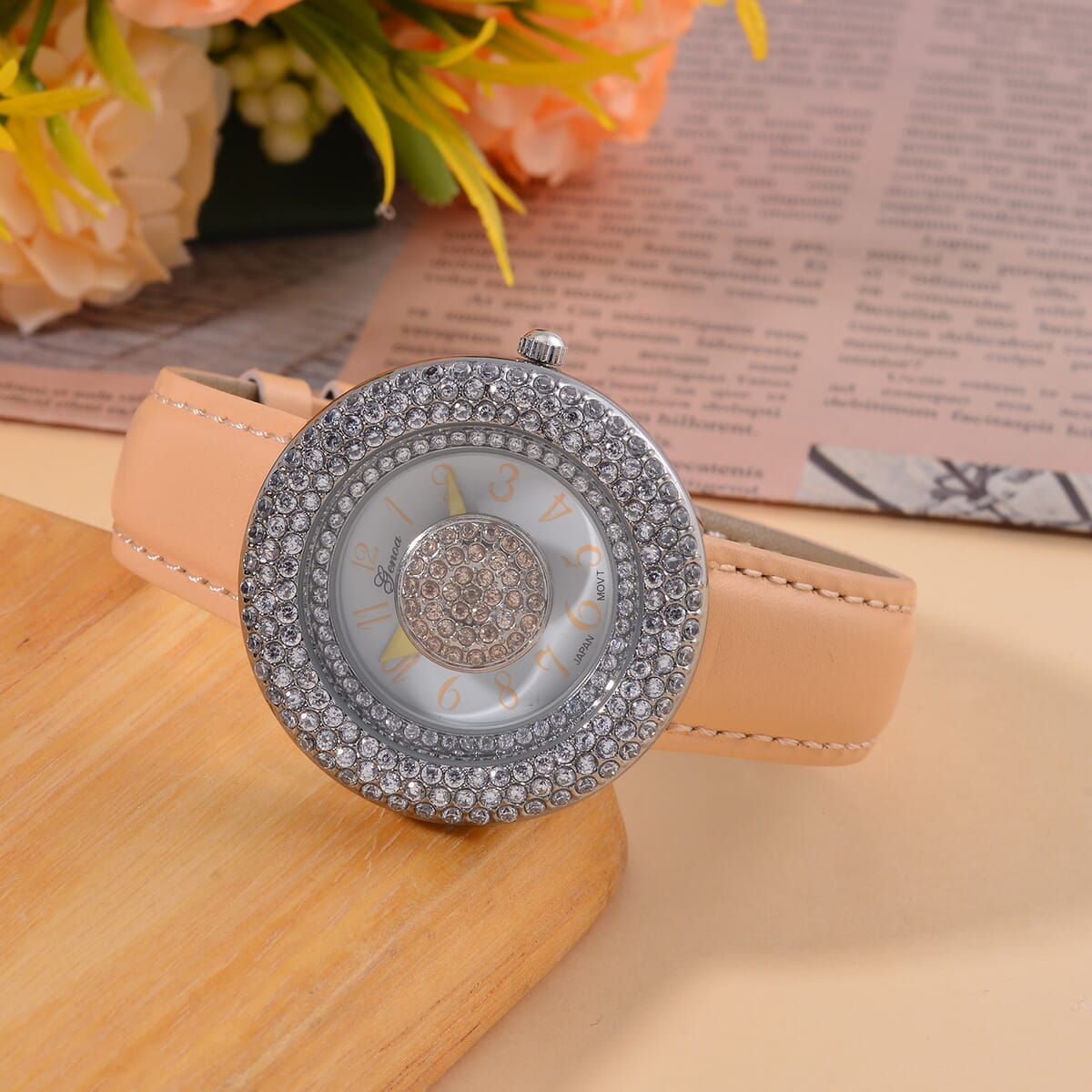 Genoa Miyota Japanese Movement Simulated Champagne & White Diamond Watch in Silvertone with Light Yellow Genuine Leather Strap (6.25-8.0 Inches) (38mm) 1.50 ctw image number 1