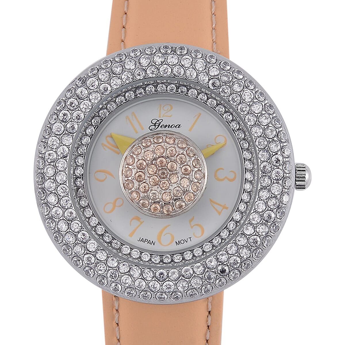 Genoa Miyota Japanese Movement Simulated Champagne & White Diamond Watch in Silvertone with Light Yellow Genuine Leather Strap (6.25-8.0 Inches) (38mm) 1.50 ctw image number 3