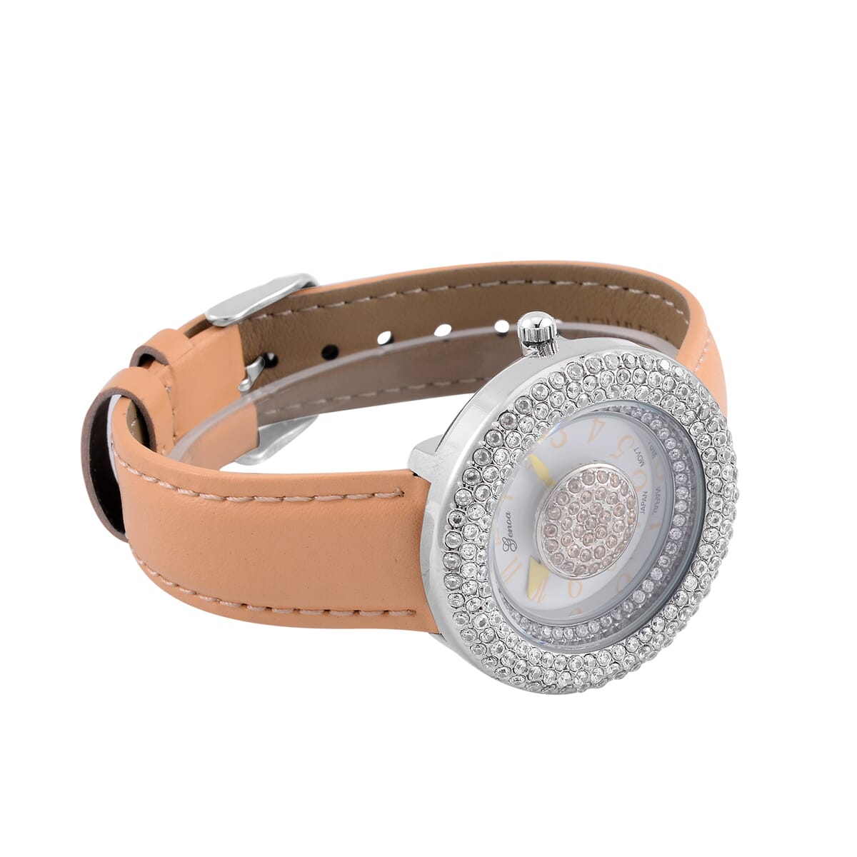 Genoa Miyota Japanese Movement Simulated Champagne & White Diamond Watch in Silvertone with Light Yellow Genuine Leather Strap (6.25-8.0 Inches) (38mm) 1.50 ctw image number 5