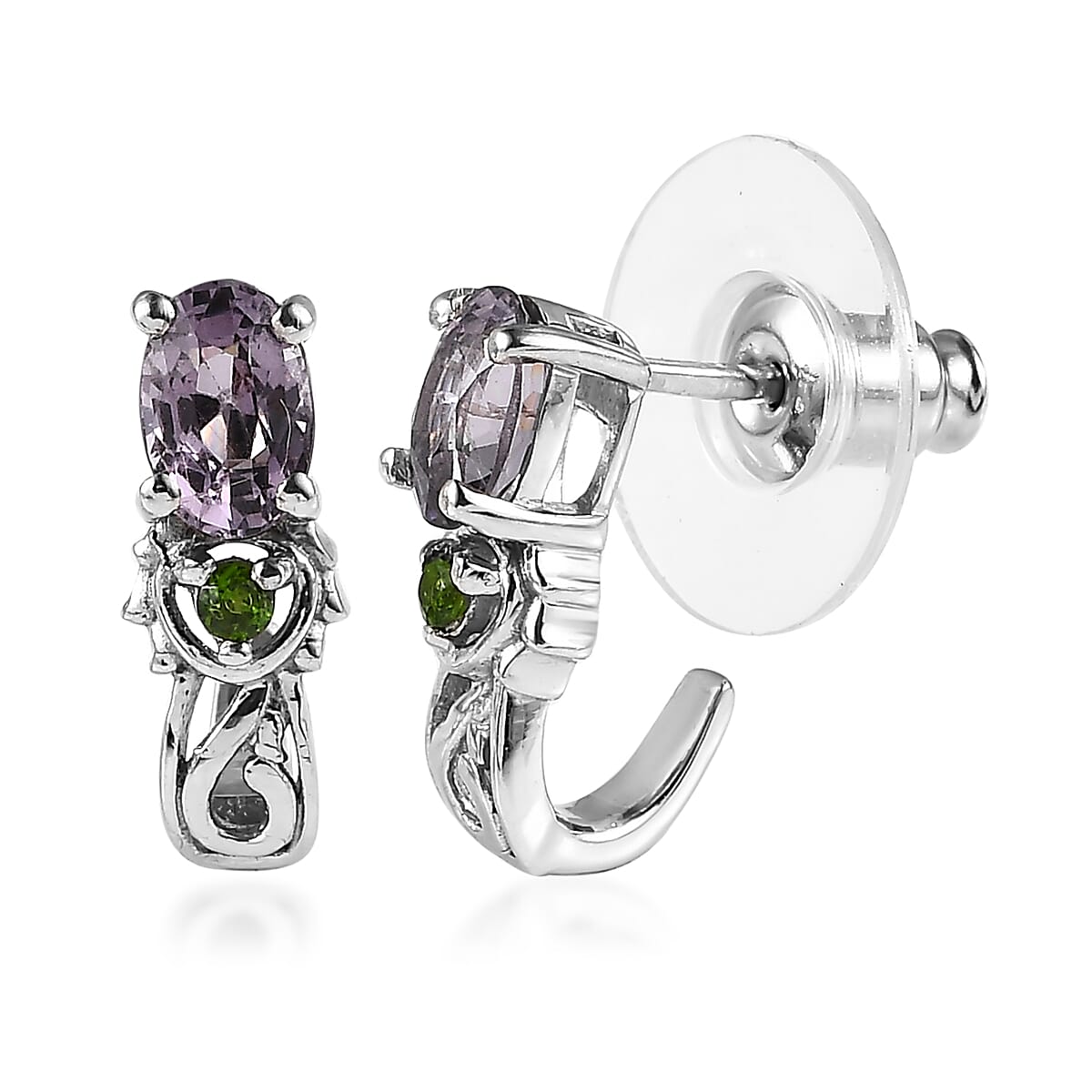 Tanzanian Lavender Spinel and Chrome Diopside J-Hoop Earrings in Platinum Over Sterling Silver 0.85 ctw