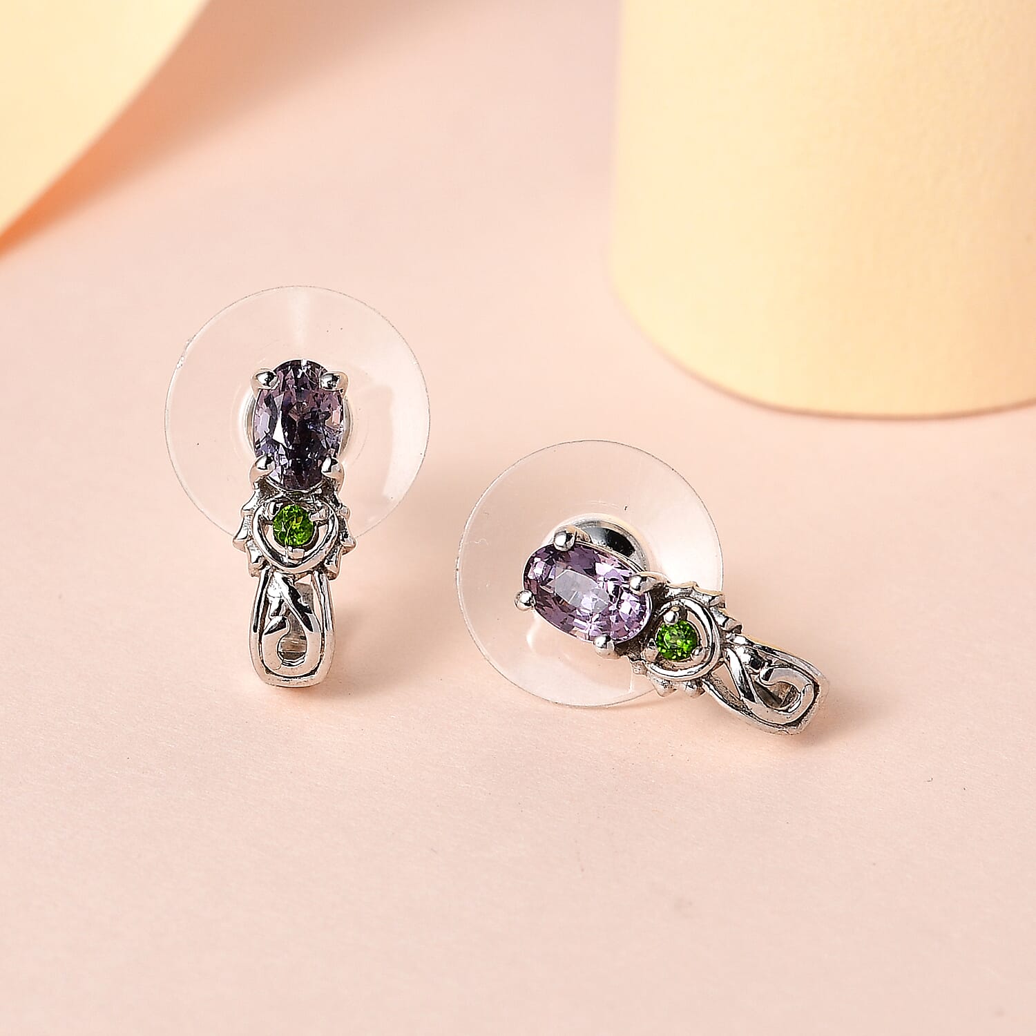 Tanzanian Lavender Spinel and Chrome Diopside J-Hoop Earrings in Platinum Over Sterling Silver 0.85 ctw