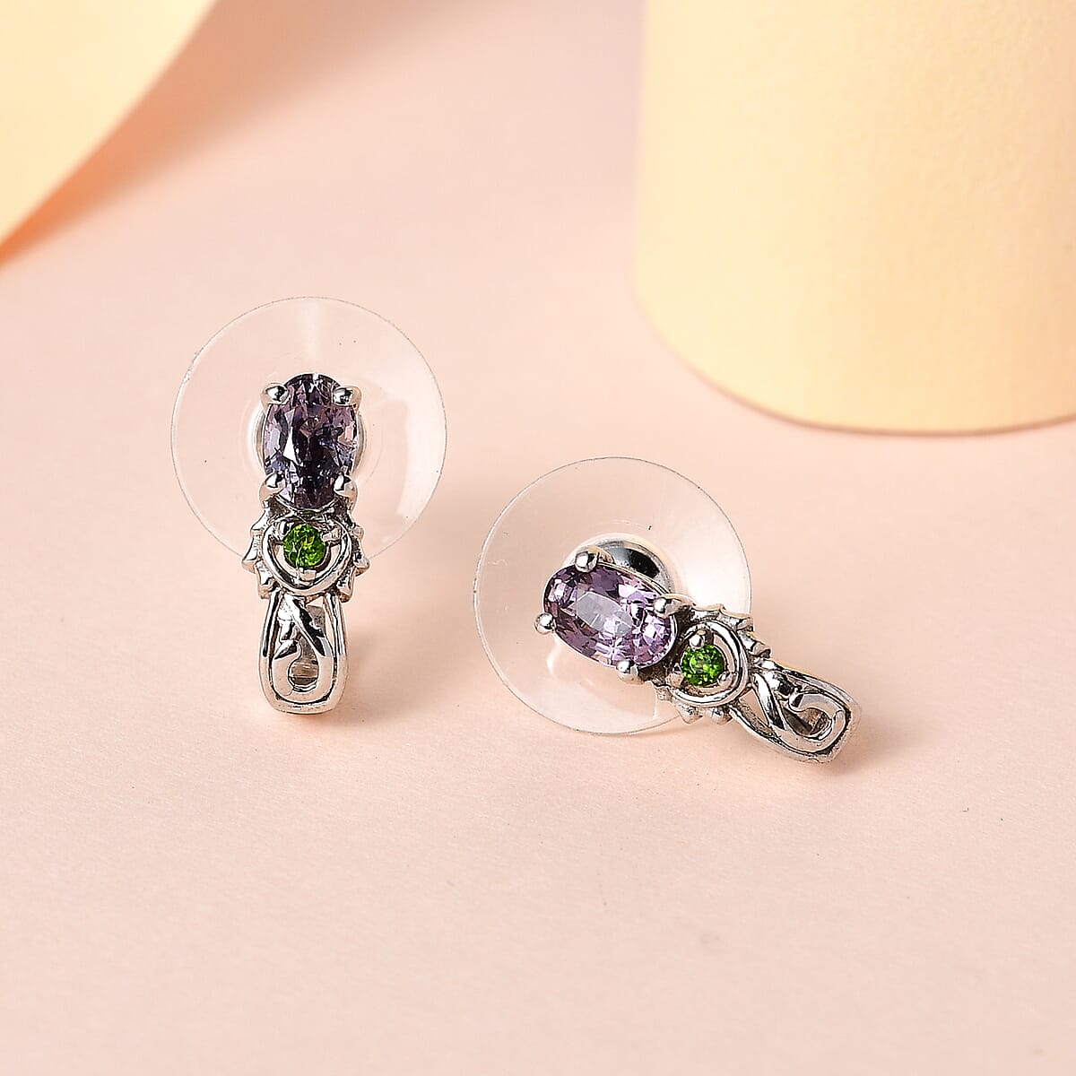 Tanzanian Lavender Spinel and Chrome Diopside J-Hoop Earrings in Platinum Over Sterling Silver 0.85 ctw image number 1