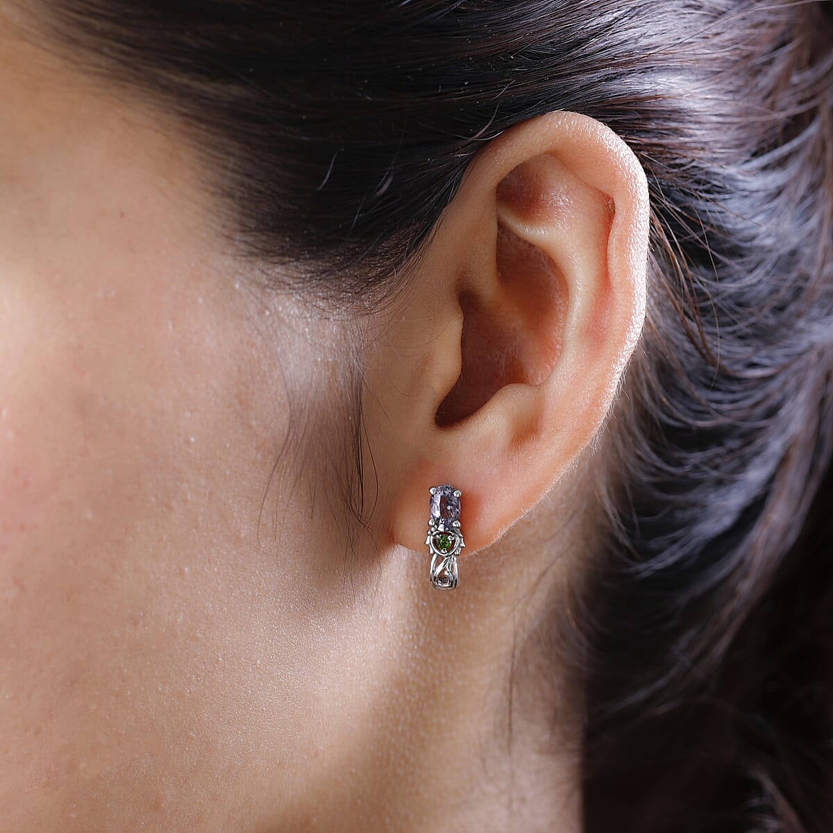 Tanzanian Lavender Spinel and Chrome Diopside J-Hoop Earrings in Platinum Over Sterling Silver 0.85 ctw image number 2