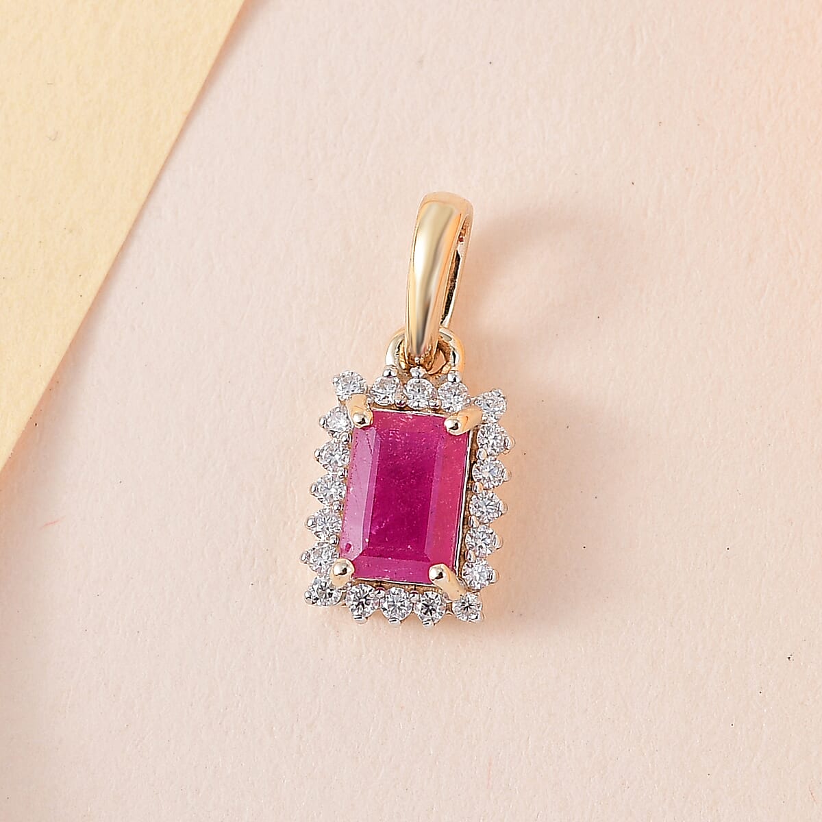 Luxoro 10K Yellow Gold Premium Niassa Ruby (FF) and Moissanite Halo Pendant 1.10 ctw image number 1