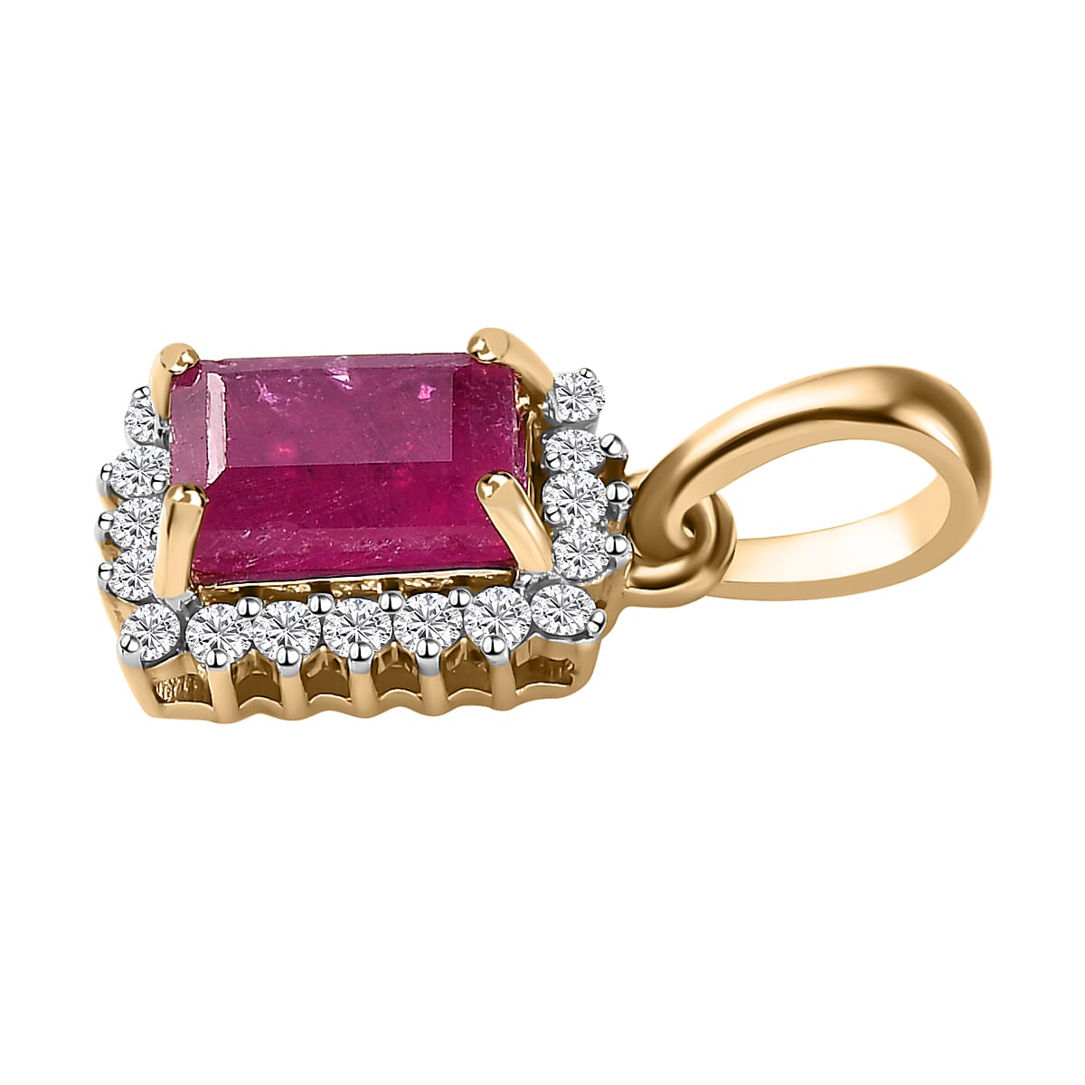 Luxoro 10K Yellow Gold Premium Niassa Ruby (FF) and Moissanite Halo Pendant 1.10 ctw image number 3