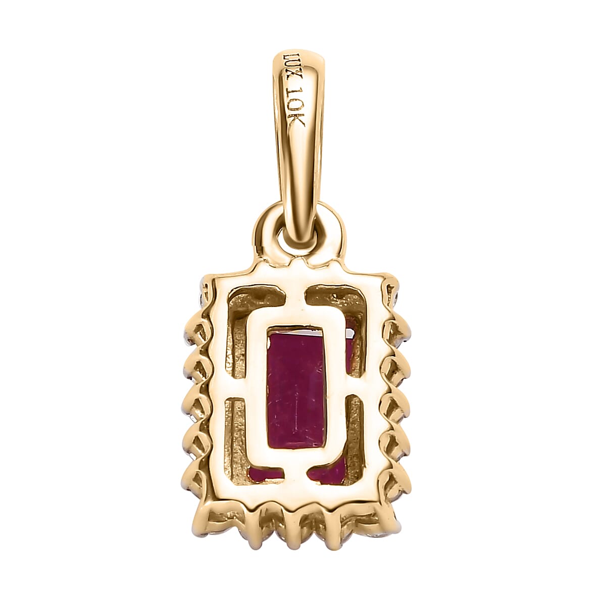 Luxoro 10K Yellow Gold Premium Niassa Ruby (FF) and Moissanite Halo Pendant 1.10 ctw image number 4
