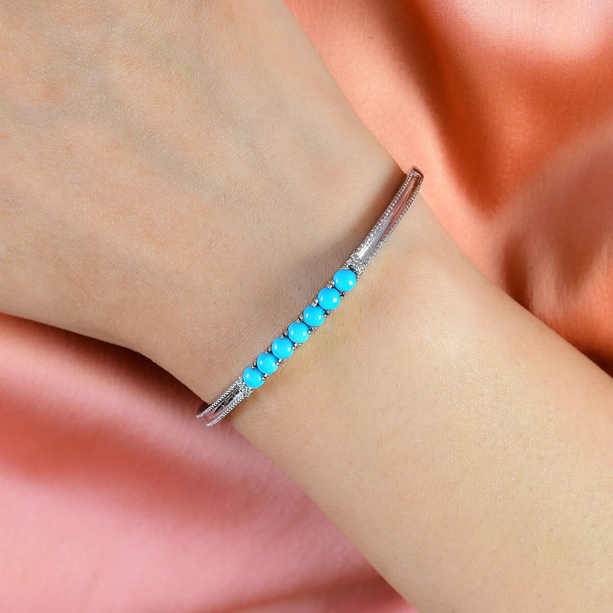 Sleeping Beauty Turquoise Bangle Bracelet in Stainless Steel (6.50 In) 2.15 ctw image number 2