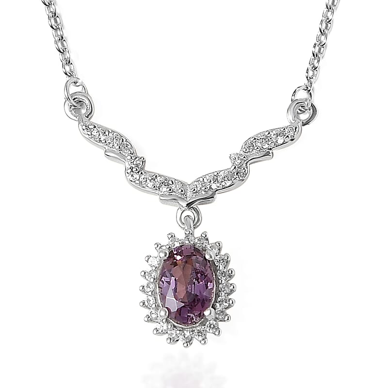 Tanzanian Lavender Spinel and White Zircon 1.15 ctw Sunburst Necklace 18-20 Inches in Platinum Over Sterling Silver