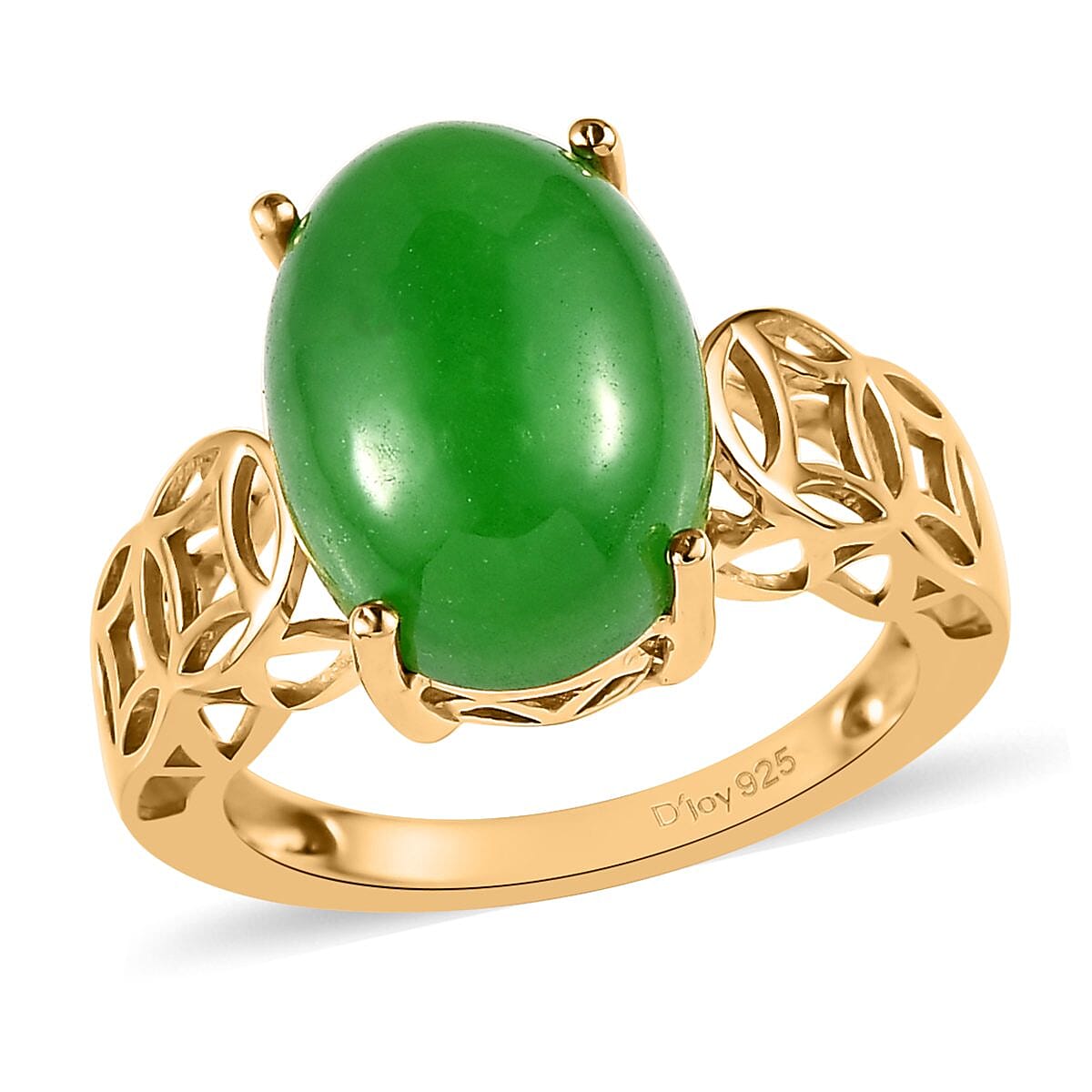 Green Jade (D) Solitaire Chinese Coin Symbol Ring in Vermeil Yellow Gold Over Sterling Silver (Size 10.0) 8.00 ctw