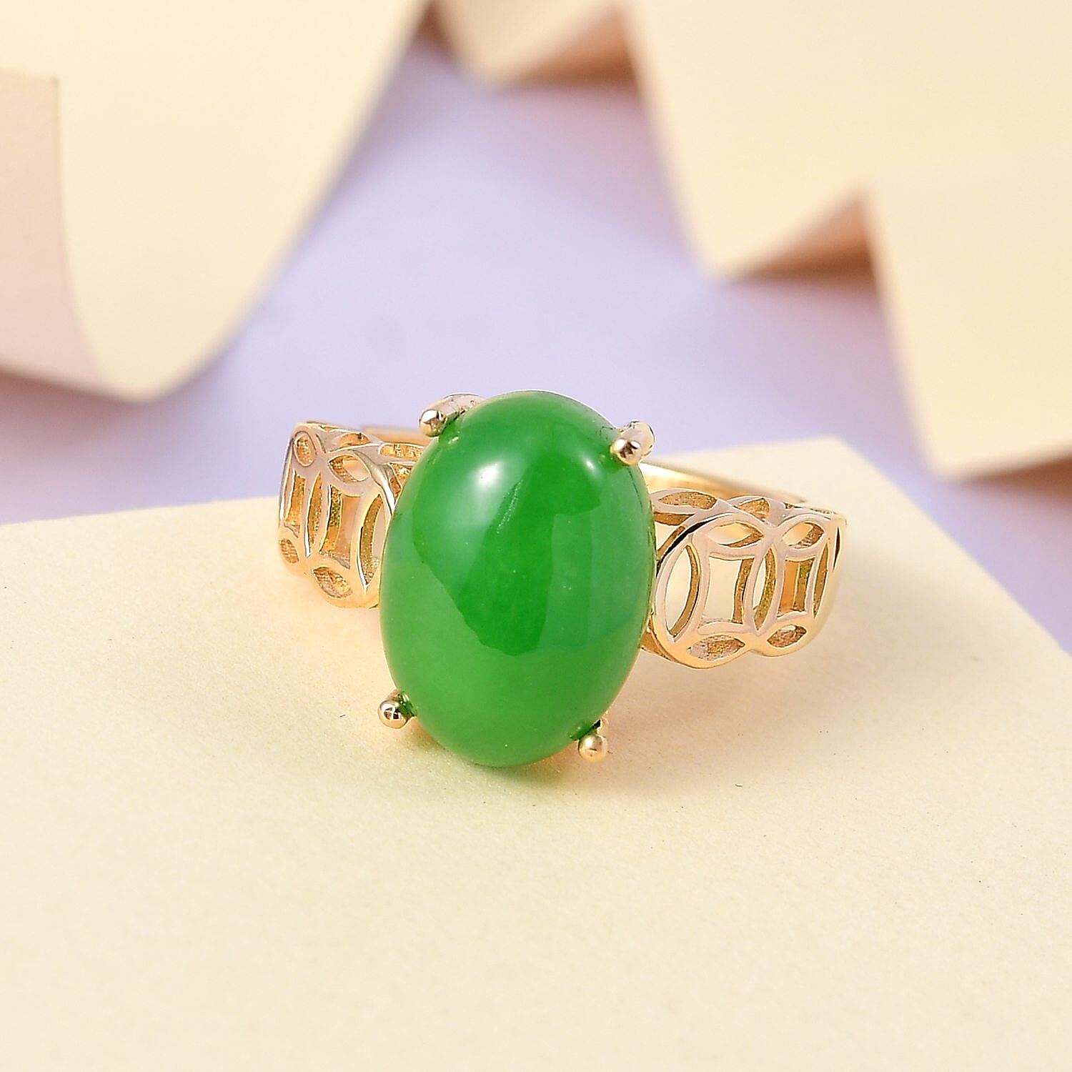 Green Jade (D) Solitaire Chinese Coin Symbol Ring in Vermeil Yellow Gold Over Sterling Silver (Size 10.0) 8.00 ctw