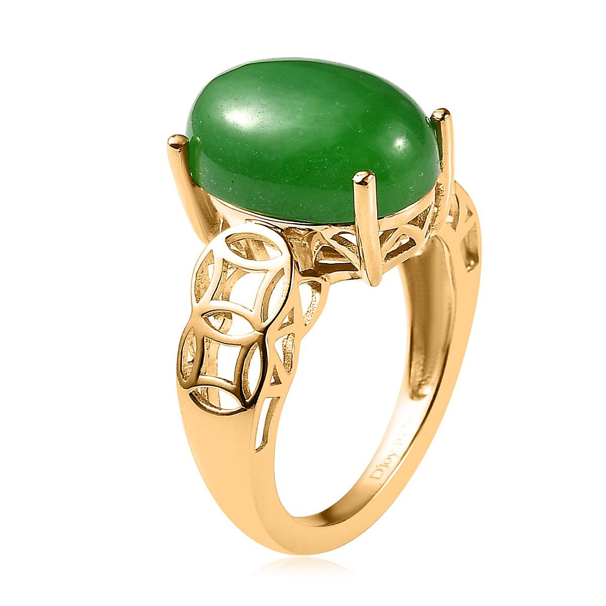 Green Jade (D) Solitaire Chinese Coin Symbol Ring in Vermeil Yellow Gold Over Sterling Silver (Size 10.0) 8.00 ctw