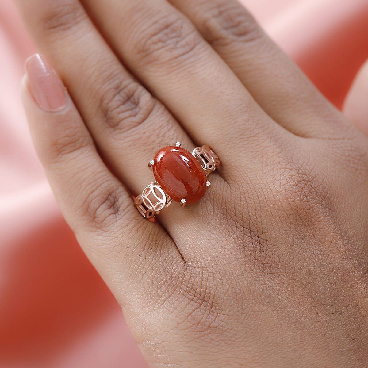 Red Jade (D) Solitaire Chinese Coin Symbol Ring in Vermeil Rose Gold Over Sterling Silver (Size 8.0) 7.65 ctw image number 2