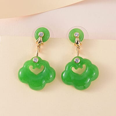 Green Jade (D) and White Zircon Dangling Earrings in Vermeil YG Over Sterling Silver 28.85 ctw