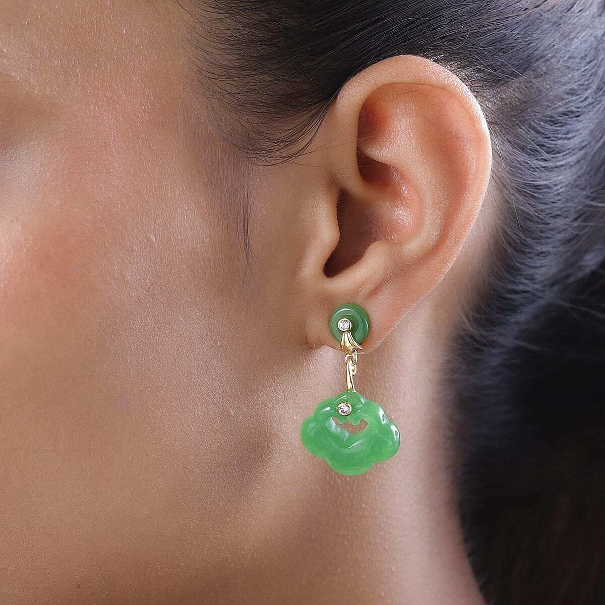 Green Jade (D) and White Zircon Dangling Earrings in Vermeil YG Over Sterling Silver 28.85 ctw image number 2