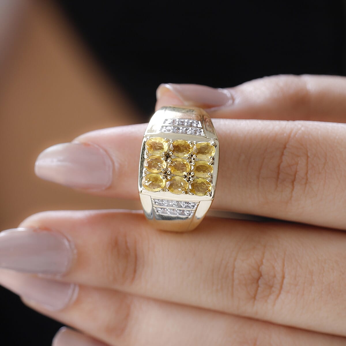 Yellow Sapphire and White Zircon Men's Ring in Vermeil Yellow Gold Over Sterling Silver (Size 10.0) 2.50 ctw image number 2