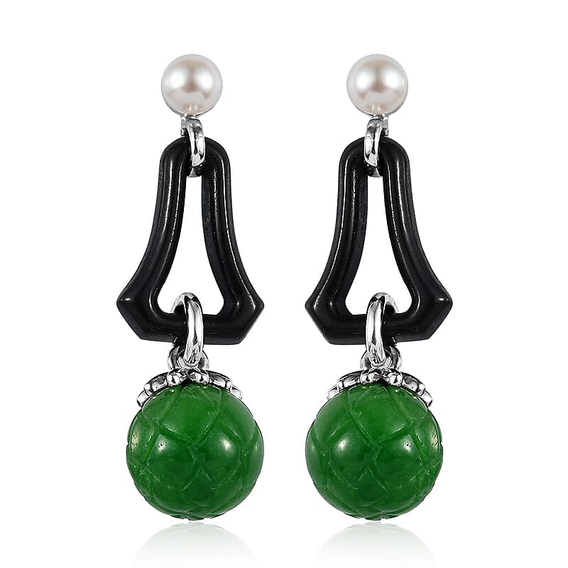 Black and Green Jade (D) and White Freshwater Pearl Dangle Earrings in Rhodium Over Sterling Silver 38.35 ctw
