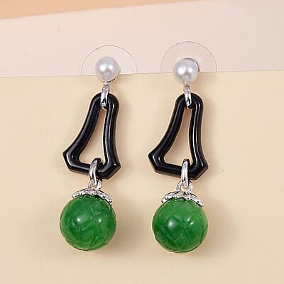 Black and Green Jade (D) and White Freshwater Pearl Dangle Earrings in Rhodium Over Sterling Silver 38.35 ctw