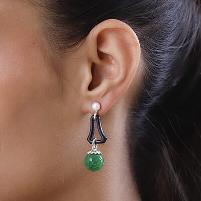 Black and Green Jade (D) and White Freshwater Pearl Dangle Earrings in Rhodium Over Sterling Silver 38.35 ctw