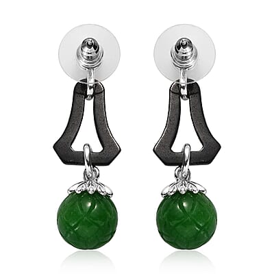 Black and Green Jade (D) and White Freshwater Pearl Dangle Earrings in Rhodium Over Sterling Silver 38.35 ctw