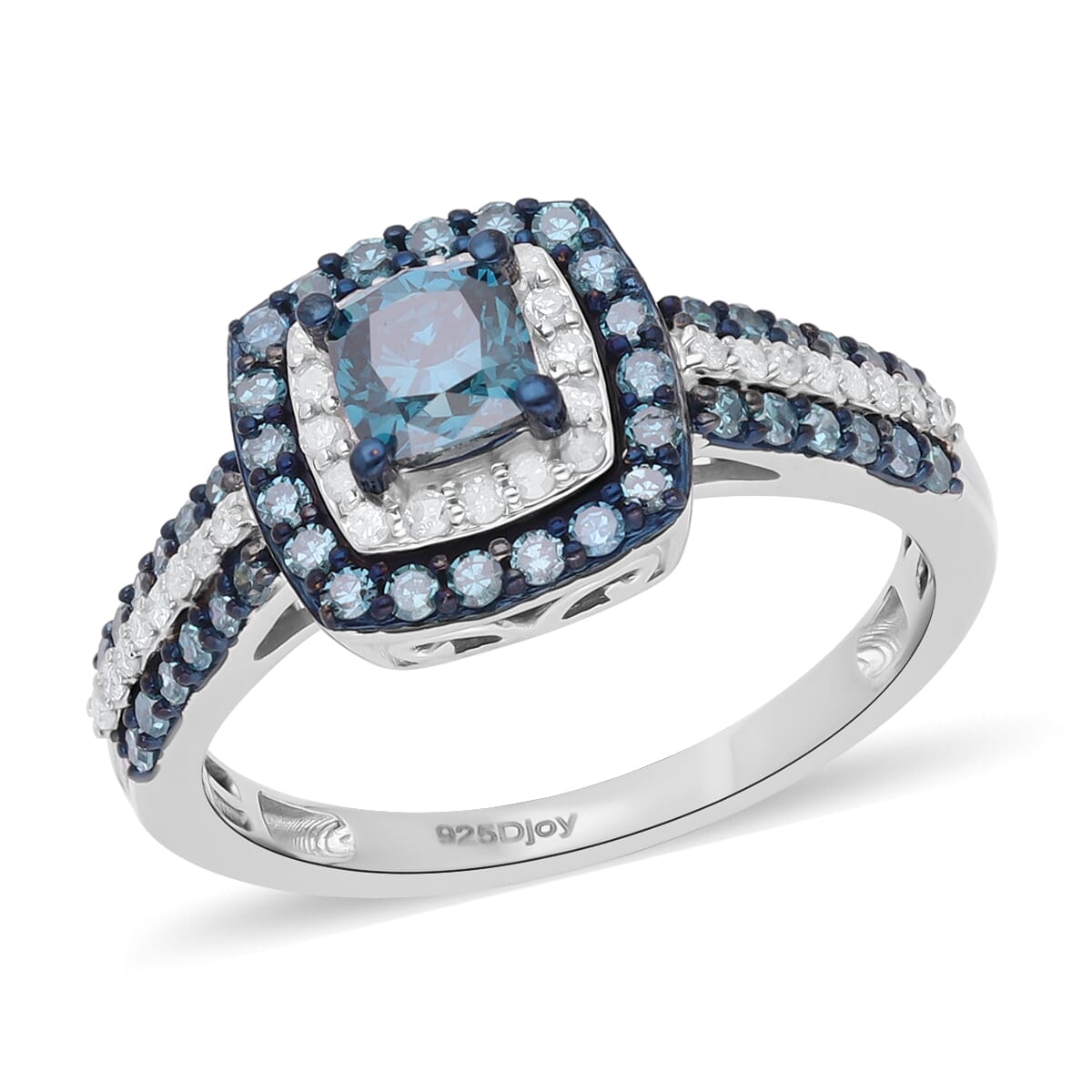 Venice Blue Diamond I1-I2 and Diamond Double Halo Ring in Platinum Over Sterling Silver (Size 7.0) 1.10 ctw image number 0