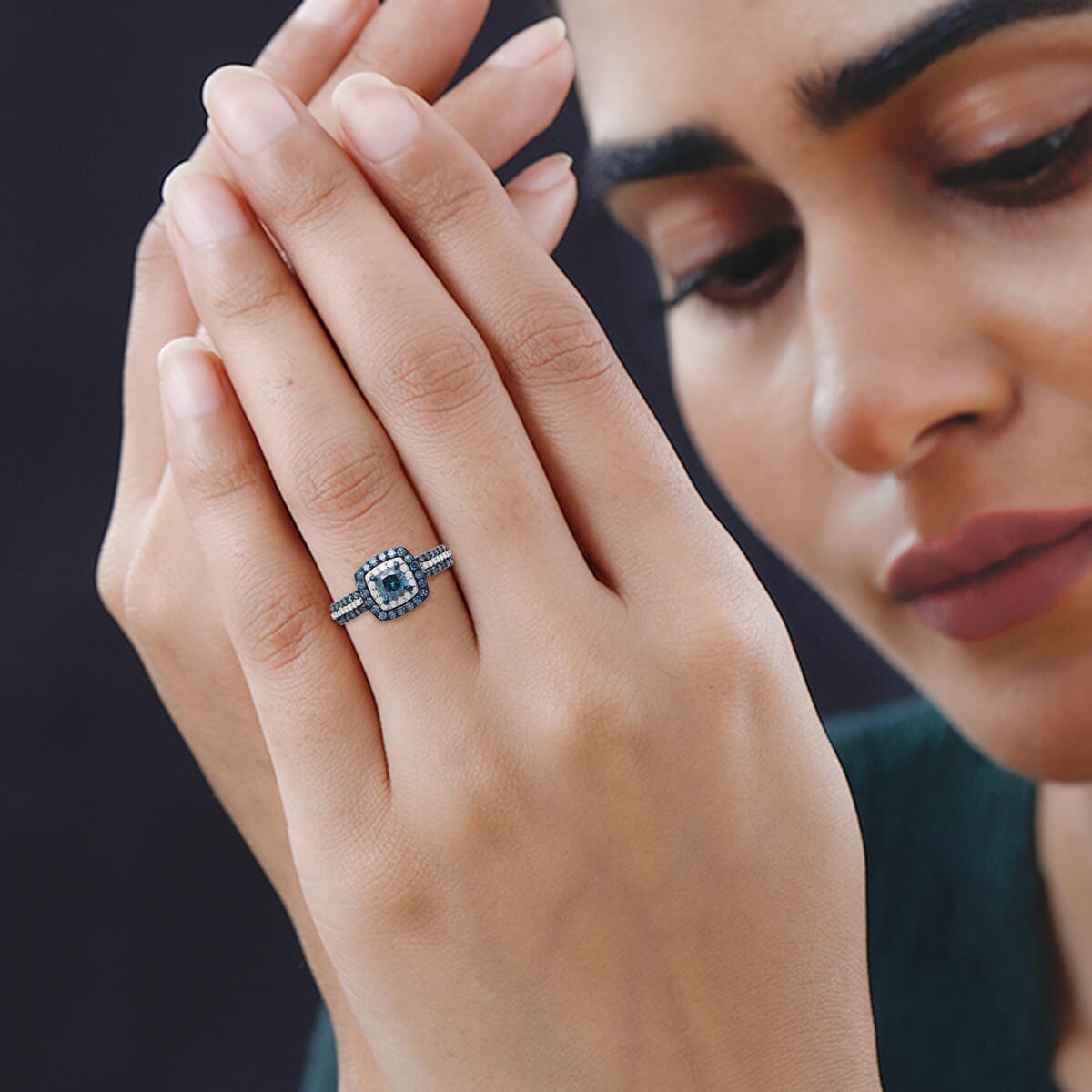 Venice Blue Diamond I1-I2 and Diamond Double Halo Ring in Platinum Over Sterling Silver (Size 7.0) 1.10 ctw image number 2
