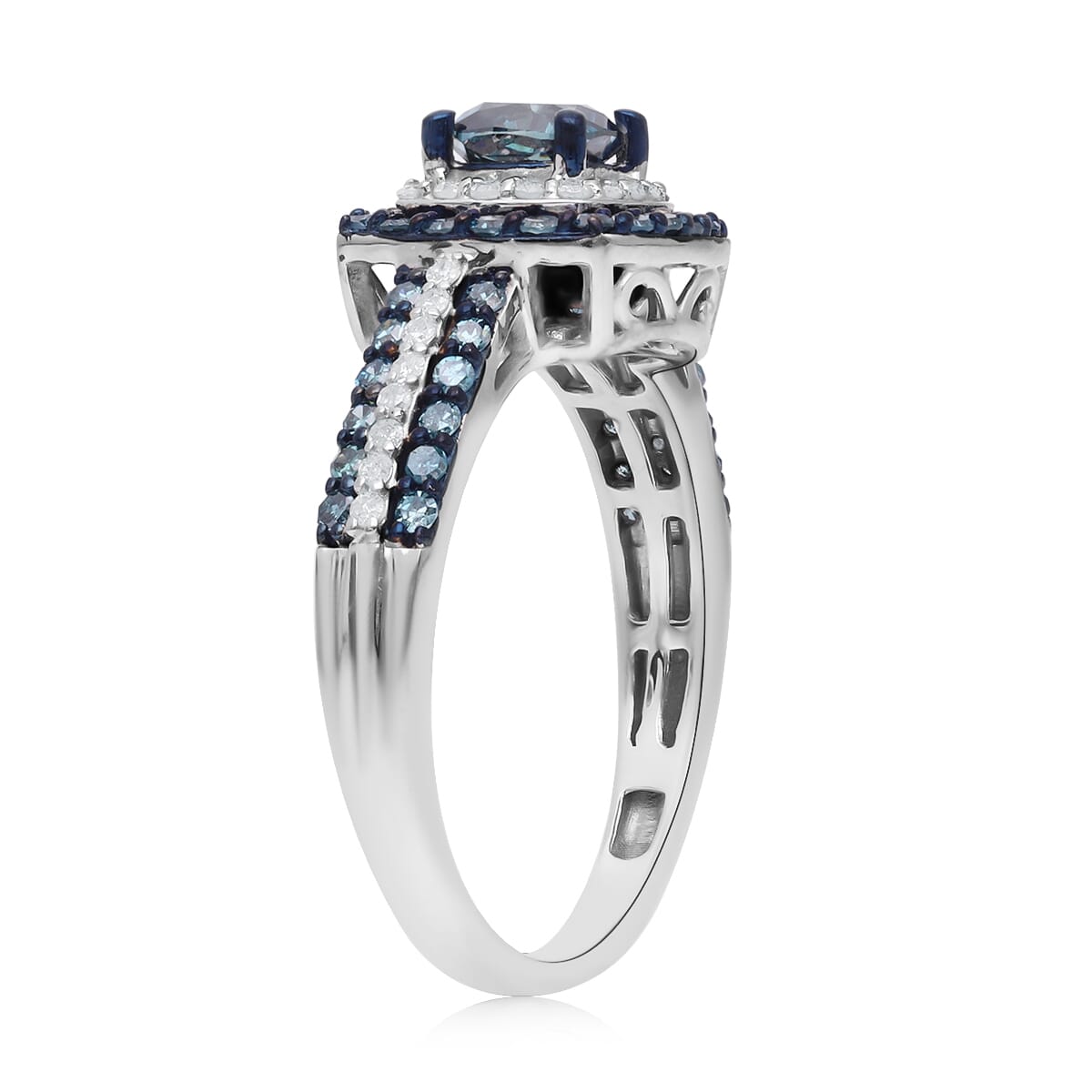 Venice Blue Diamond I1-I2 and Diamond Double Halo Ring in Platinum Over Sterling Silver (Size 7.0) 1.10 ctw image number 3