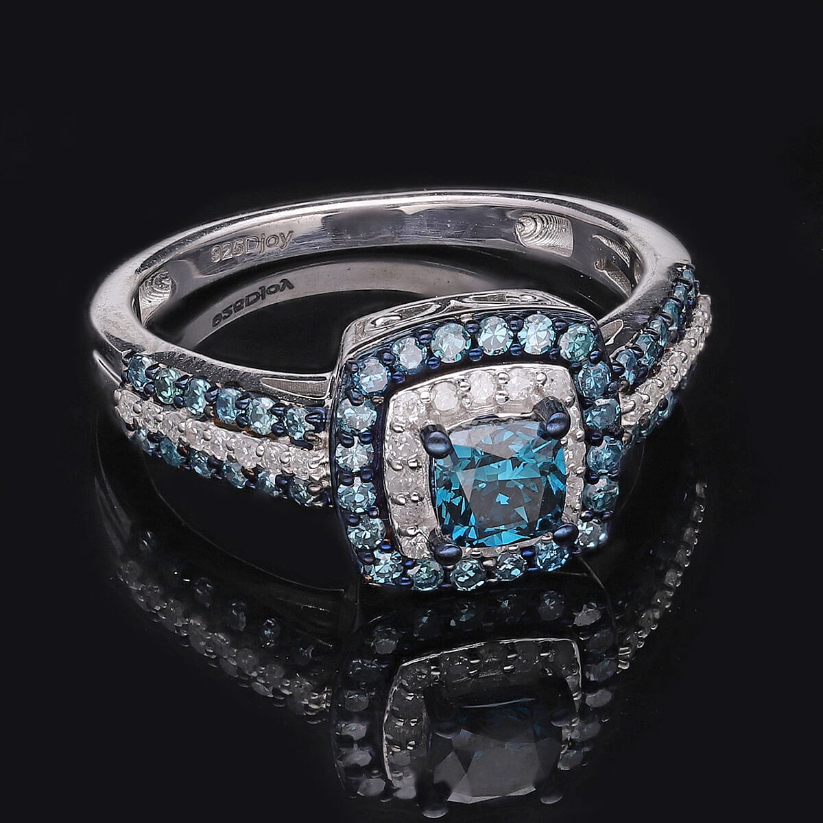 Venice Blue Diamond I1-I2 and Diamond Double Halo Ring in Platinum Over Sterling Silver (Size 7.0) 1.00 ctw image number 1