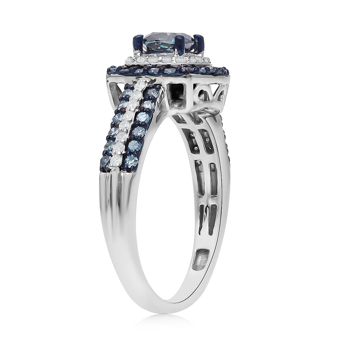 Venice Blue Diamond I1-I2 and Diamond Double Halo Ring in Platinum Over Sterling Silver (Size 7.0) 1.00 ctw image number 3