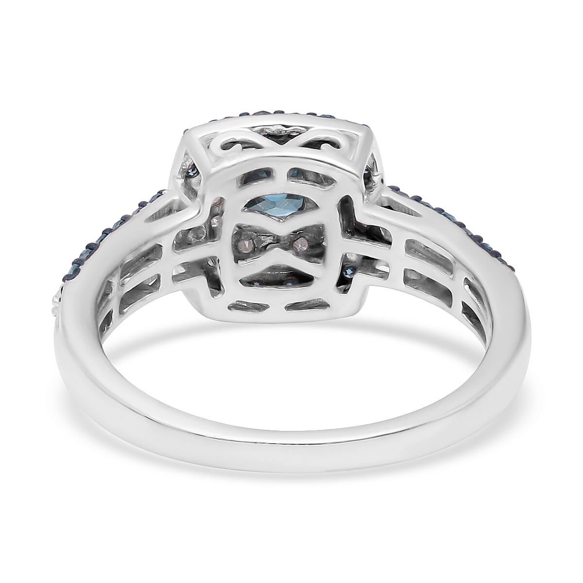Venice Blue Diamond I1-I2 and Diamond Double Halo Ring in Platinum Over Sterling Silver (Size 7.0) 1.00 ctw image number 4