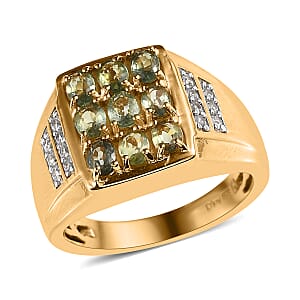 Green Sapphire and White Zircon Men's Ring in Vermeil Yellow Gold Over Sterling Silver (Size 10.0) 2.50 ctw