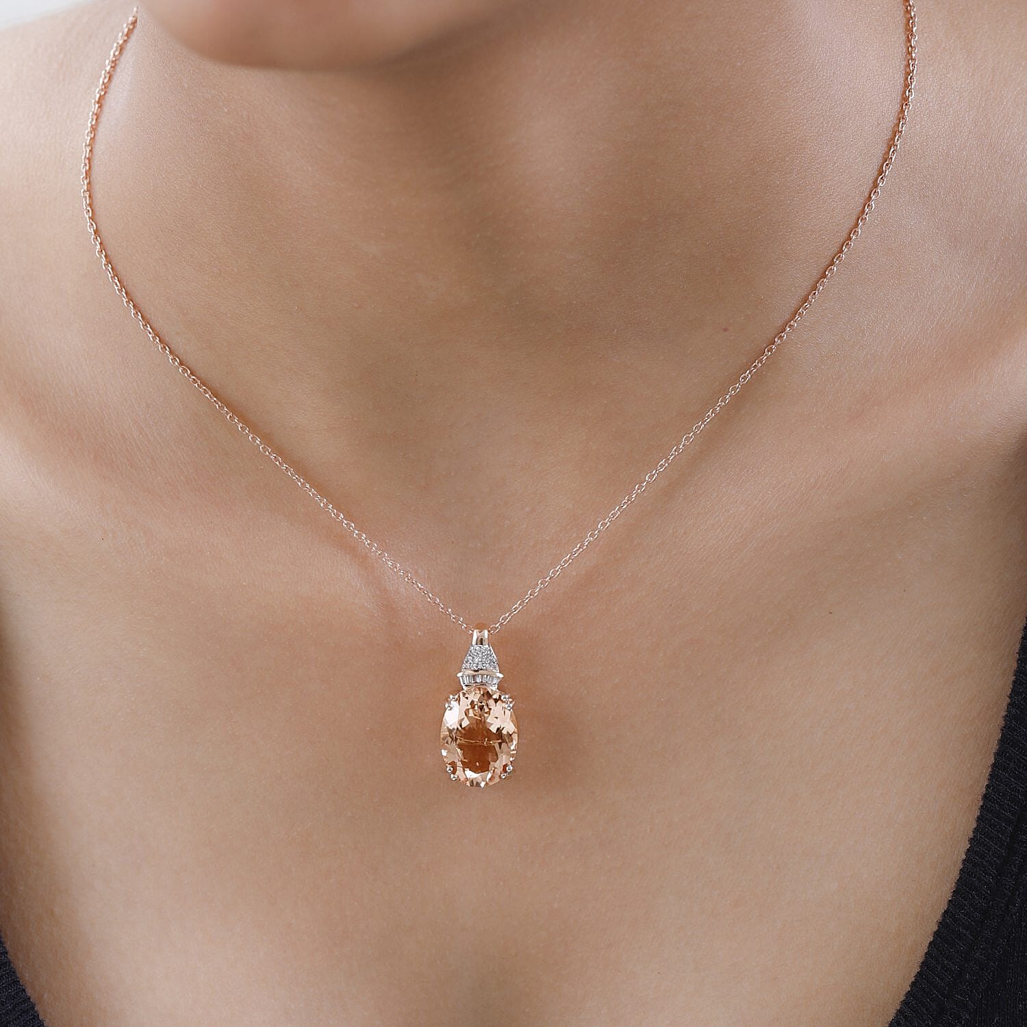 Luxoro 14K Rose Gold AAA Marropino Morganite and G-H I2 Diamond Pendant without Chain 9.25 ctw