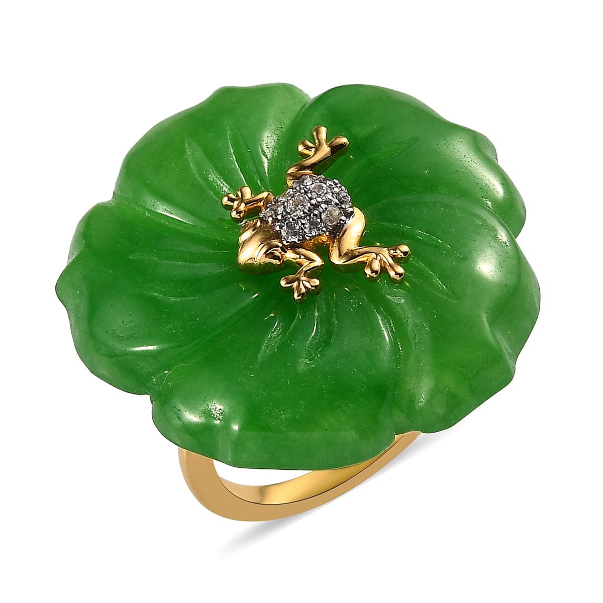 Green Jade Carved (D) and White Zircon Nature Theme Floral Ring in Vermeil Yellow Gold Over Sterling Silver (Size 10.0) 54.50 ctw