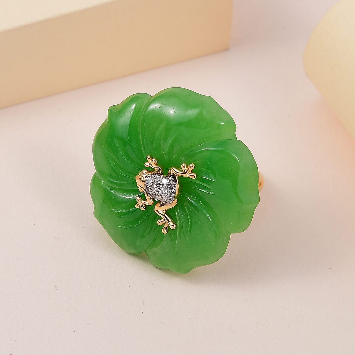Green Jade Carved (D) and White Zircon Nature Theme Floral Ring in Vermeil Yellow Gold Over Sterling Silver 54.50 ctw image number 1