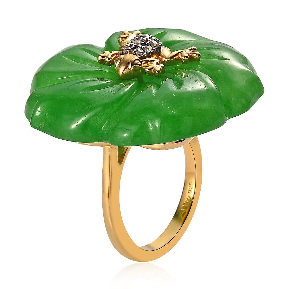Green Jade Carved (D) and White Zircon Nature Theme Floral Ring in Vermeil Yellow Gold Over Sterling Silver 54.50 ctw image number 3
