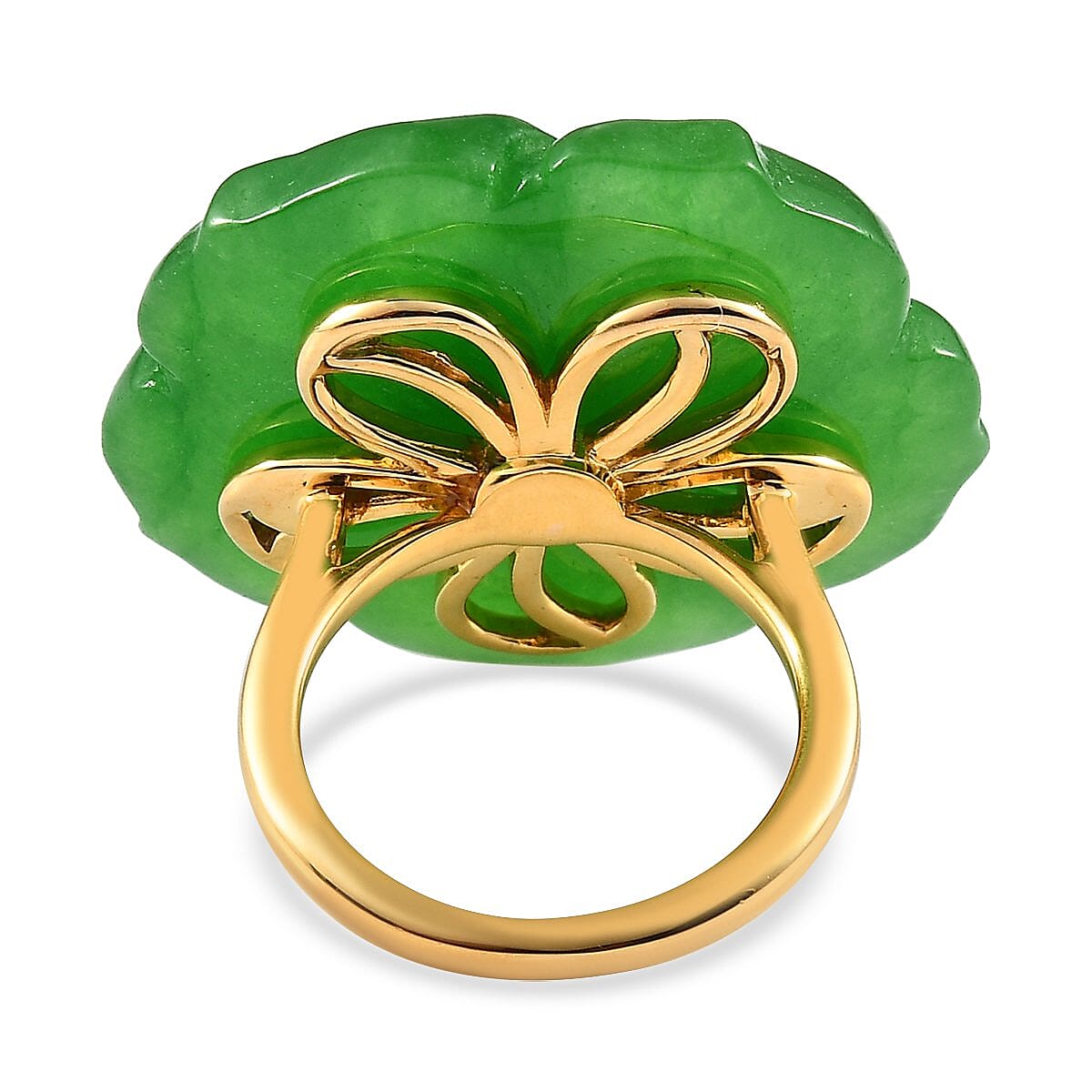 Green Jade Carved (D) and White Zircon Nature Theme Floral Ring in Vermeil Yellow Gold Over Sterling Silver (Size 10.0) 54.50 ctw