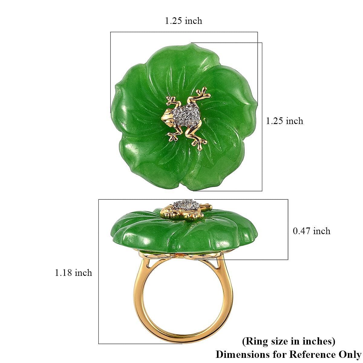 Green Jade Carved (D) and White Zircon Nature Theme Floral Ring in Vermeil Yellow Gold Over Sterling Silver (Size 10.0) 54.50 ctw