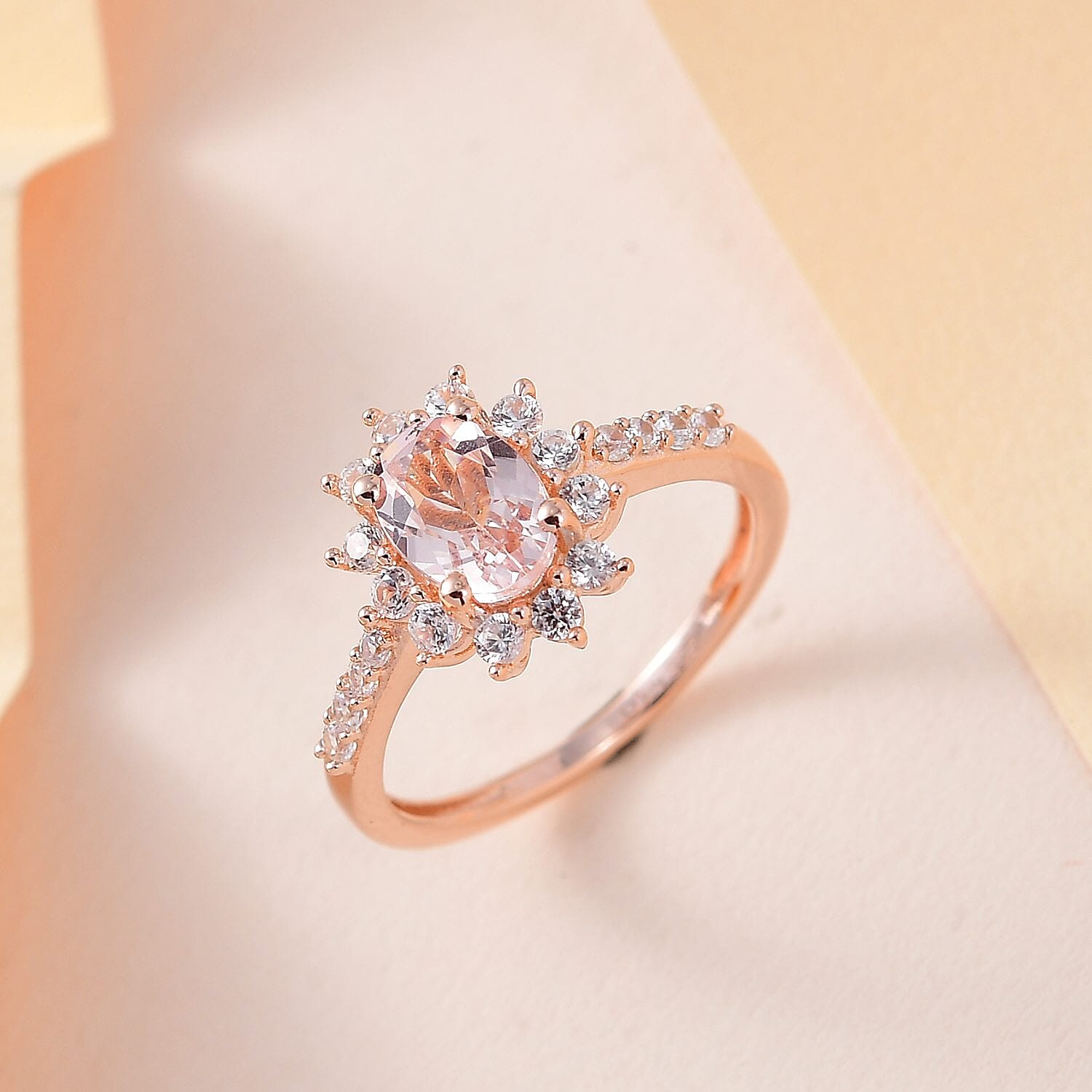 Marropino Morganite and White Zircon Sunburst Ring in Vermeil Rose Gold Over Sterling Silver (Size 10.0) 1.35 ctw