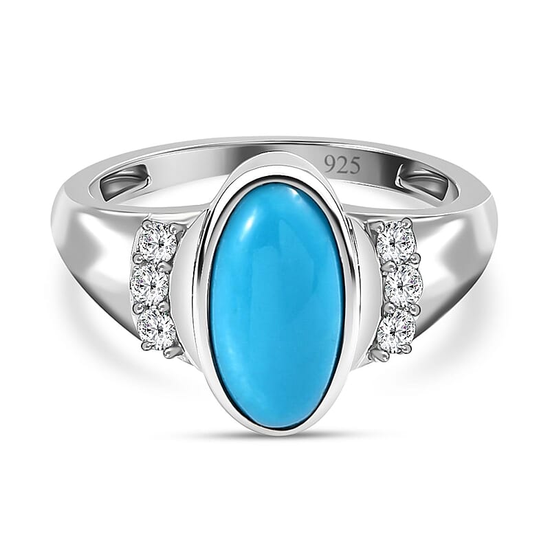 Sleeping Beauty Turquoise and White Zircon 2.27 ctw Ring in Platinum Over Sterling Silver (Size 10)
