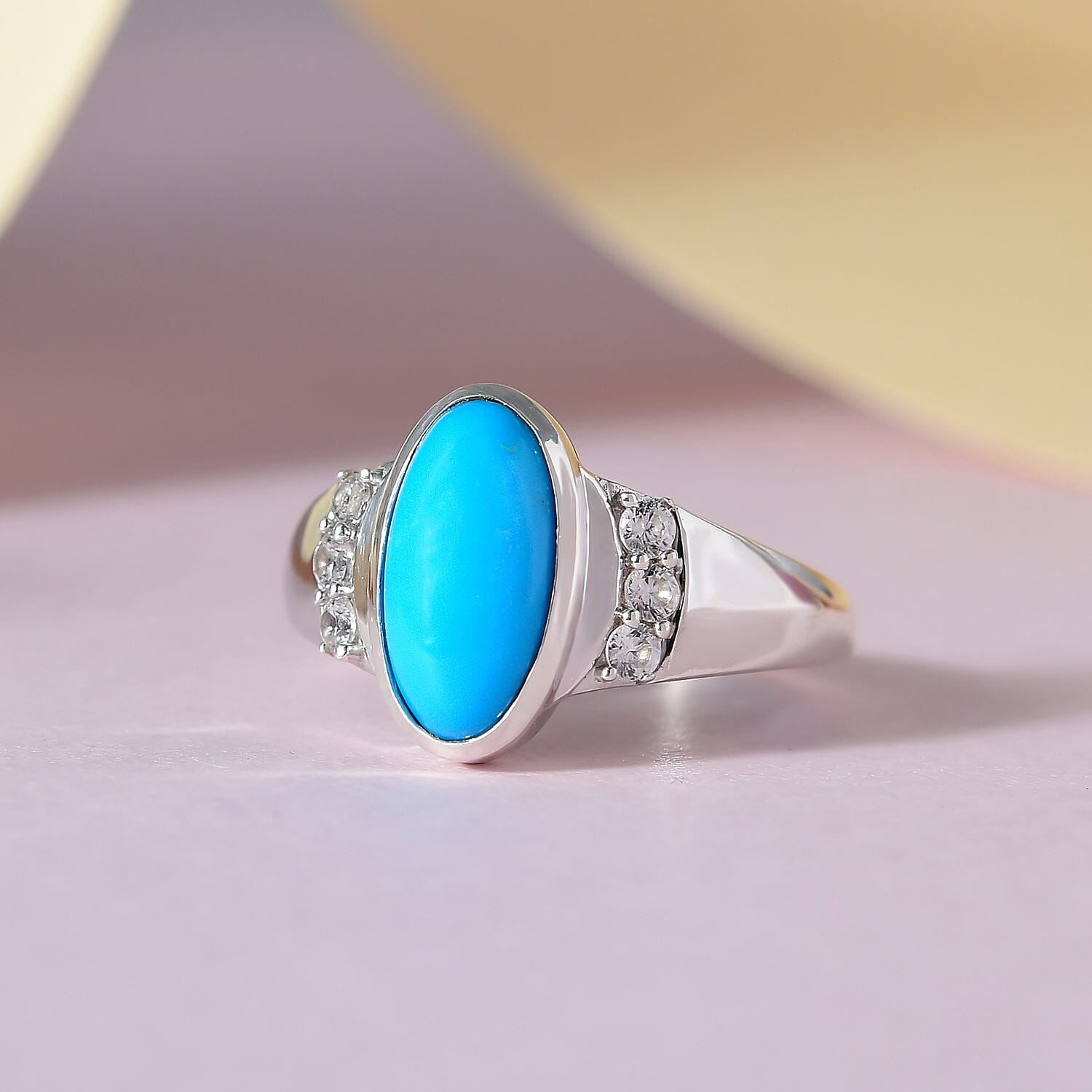 Sleeping Beauty Turquoise and White Zircon 2.27 ctw Ring in Platinum Over Sterling Silver (Size 10)