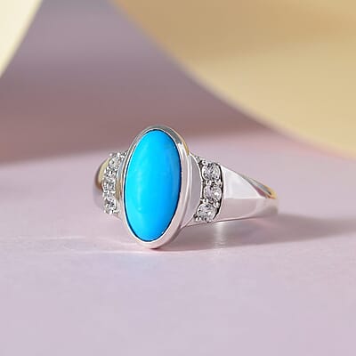 Sleeping Beauty Turquoise and White Zircon 2.27 ctw Ring in Platinum Over Sterling Silver (Size 10)
