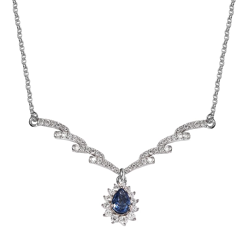 Ceylon Blue Sapphire and Moissanite Necklace 18 Inches in Platinum Over Sterling Silver 1.90 ctw