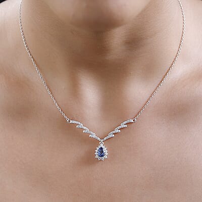 Ceylon Blue Sapphire and Moissanite Necklace 18 Inches in Platinum Over Sterling Silver 1.90 ctw