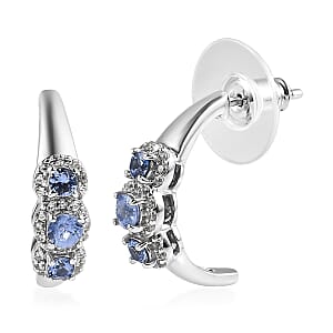 Ceylon Blue Sapphire and White Zircon J-Hoop Earrings in Platinum Over Sterling Silver 1.10 ctw
